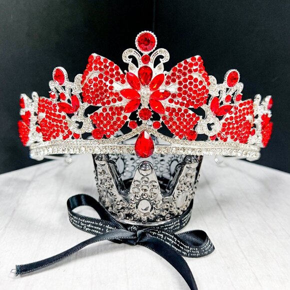 Vintage silver Crown, Red bow tiara, Classic wedding Crown, Crystal Crown Tiara - Picture 10 of 10